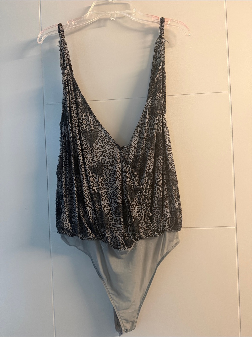 Free People Grey and Black Leopard-Print Deep V Bodysuit